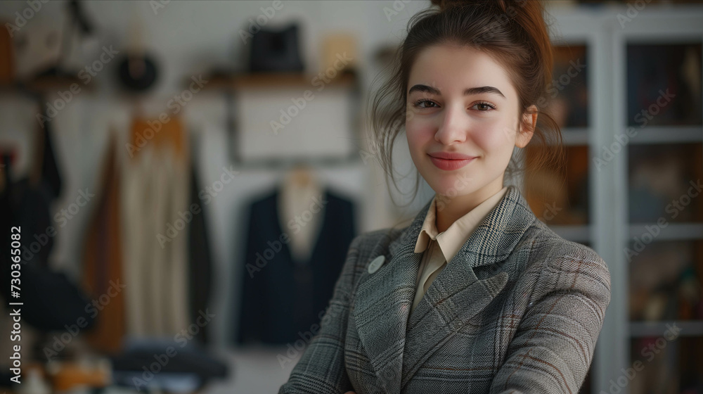 Fototapeta premium Caucasian woman smiling with confidence in tailor shop.