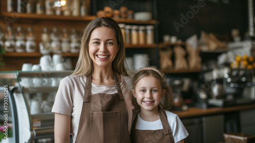 Caucasian mother and daughter hugging each other in a coffee shop. © S photographer