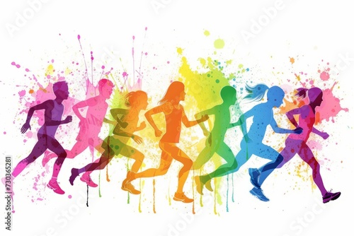 silhouette of a group of runners running together with splash of colors 