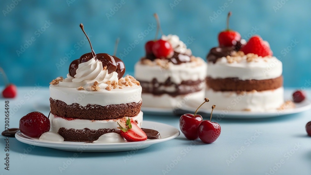 chocolate cake with cherry A realistic painting of three delicious cakes on a white plate with a blue background. chocolate cake with cherry A realistic painting of three delicious cakes on a white plate with a blue background.