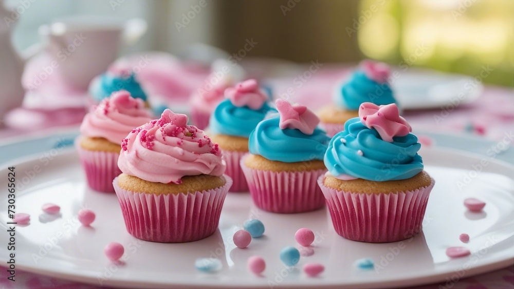 cupcakes with frosting and sprinkles  Cupcakes with pink and blue frosting and baby themed decorations on a white tablecloth.  