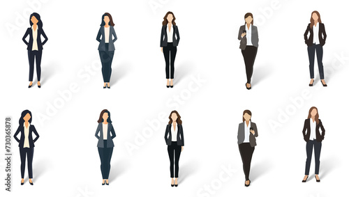 Set of minimal flat drawing illustrations of different women in smart casual clothes, transparent background with shadow, facing both ways. Generative AI 