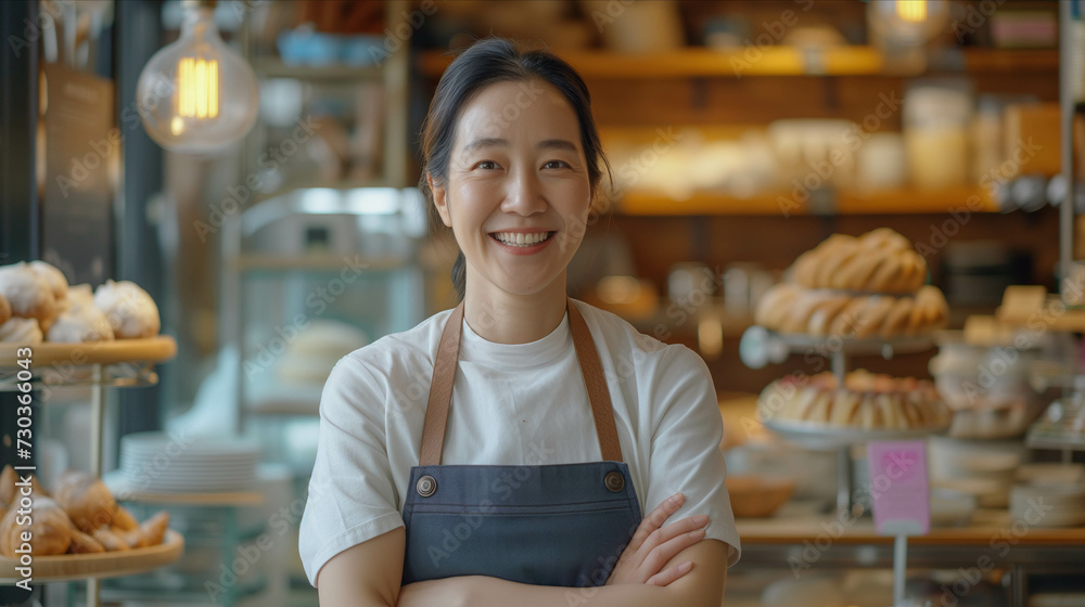 Asian woman wearing an apron with arms crossed inside a bakery shop. Asian woman wearing an apron with arms crossed inside a bakery shop.