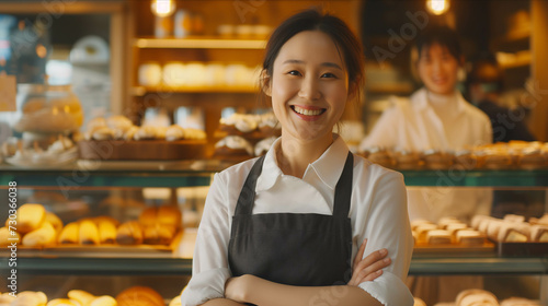 Asian woman wearing an apron with arms crossed inside a bakery shop.