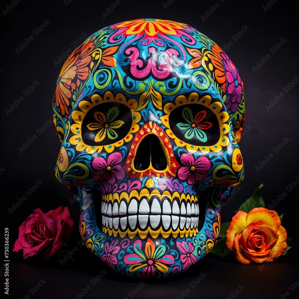 a colorful sugar skull sitting next to a flower arrangement on a black background