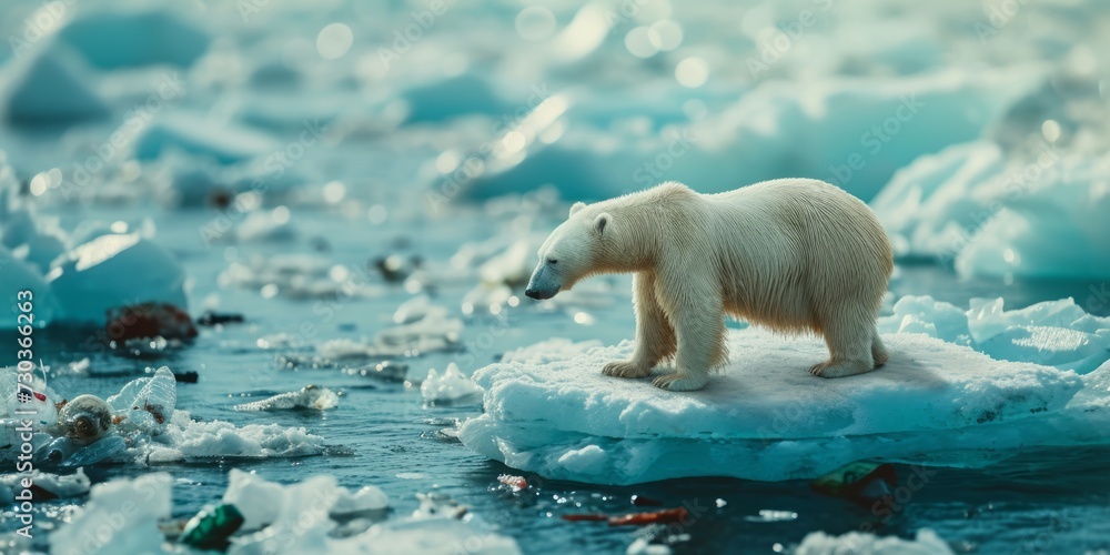 Portrait of polar bear swimming in water strewn with plastic waste left by human activity.