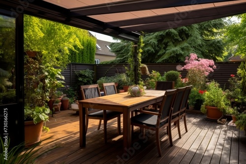 Elegant modern houses serene outdoor summer terrace enveloped by a stylish canopy