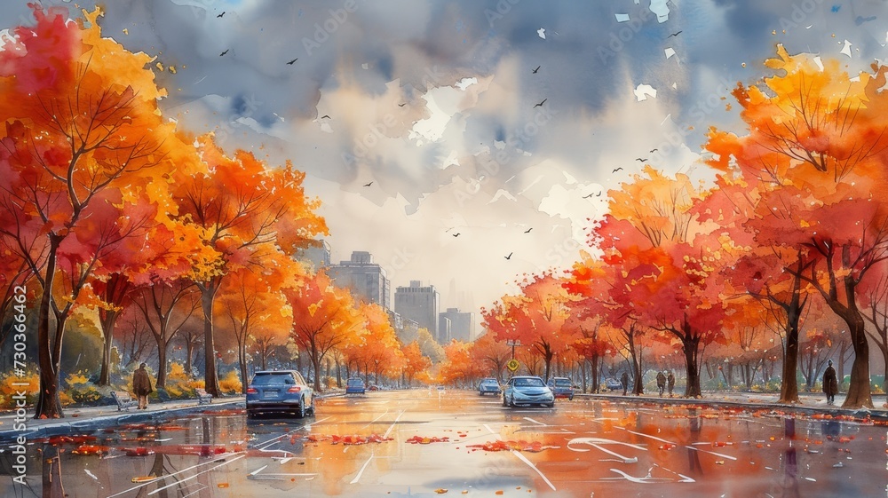 Watercolor painting of the streets of a city in autumn