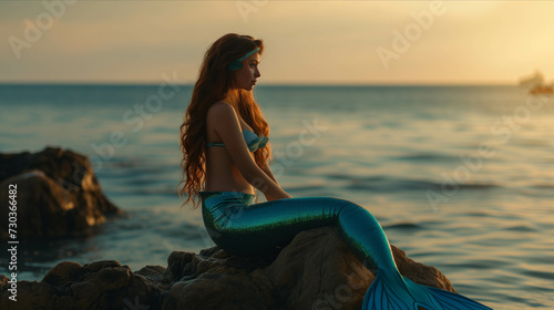 Young mermaid sitting on a rock on an island in the sea.