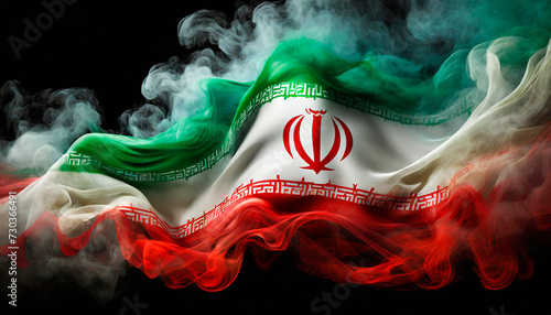 National Flag of Iran made of smoke, isolated on black background. The tulip is comprised of four crescent-shaped petals and one stem that form the word Allah and symbolize the five pillars of Islam.