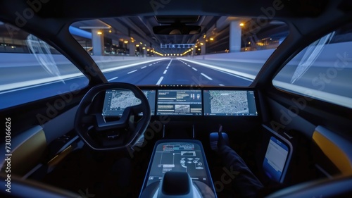 Inside view of an autonomous car's cockpit with holographic controls and panoramic screens, offering a glimpse into the future of travel