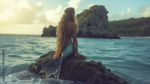 Young mermaid sitting on a rock on an island in the sea.