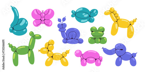 Animal balloon sculptures set. Turtle, frog, fish, butterfly, poodle, elephant, swan, horse figures. Balloon twisting concept. Kid birthday and party entertainment.