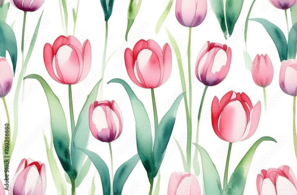 Watercolor red tulips pattern on white background Watercolor red tulips pattern on white background