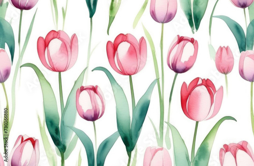 Watercolor red tulips pattern on white background