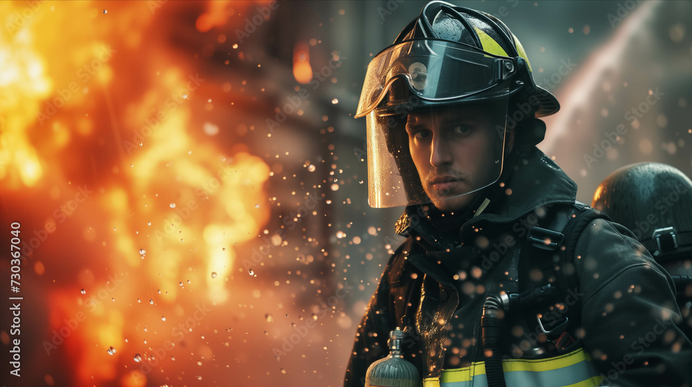 Caucasian male firefighter performing duties in a burning building. Caucasian male firefighter performing duties in a burning building.