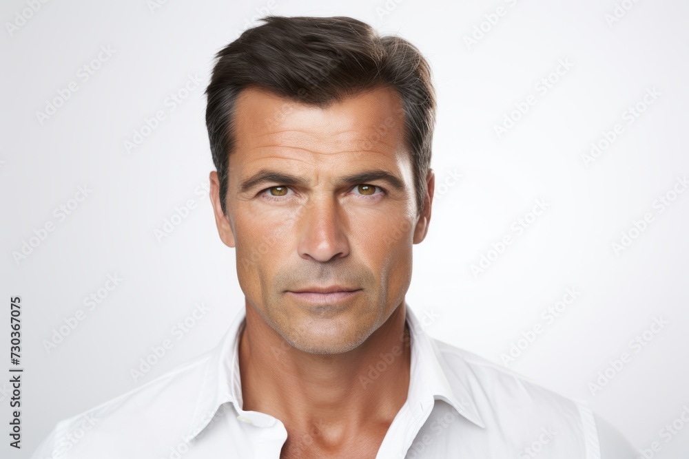 Closeup portrait of handsome mature man in white shirt, studio shot Closeup portrait of handsome mature man in white shirt, studio shot