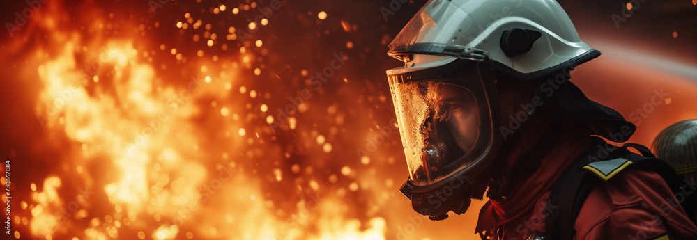 Naklejka premium Caucasian male firefighter performing duties in a burning building.