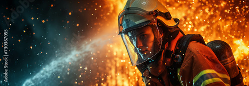 Caucasian male firefighter performing duties in a burning building.