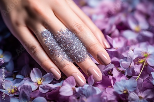Trendy gray nail polish manicure on glamour womans hand with summer flower petals
