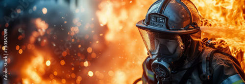 Caucasian male firefighter performing duties in a burning building.