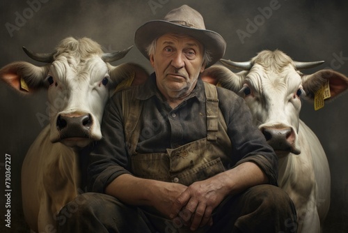 Milkmaid person bucket cows. Farm cow summer. Generate Ai