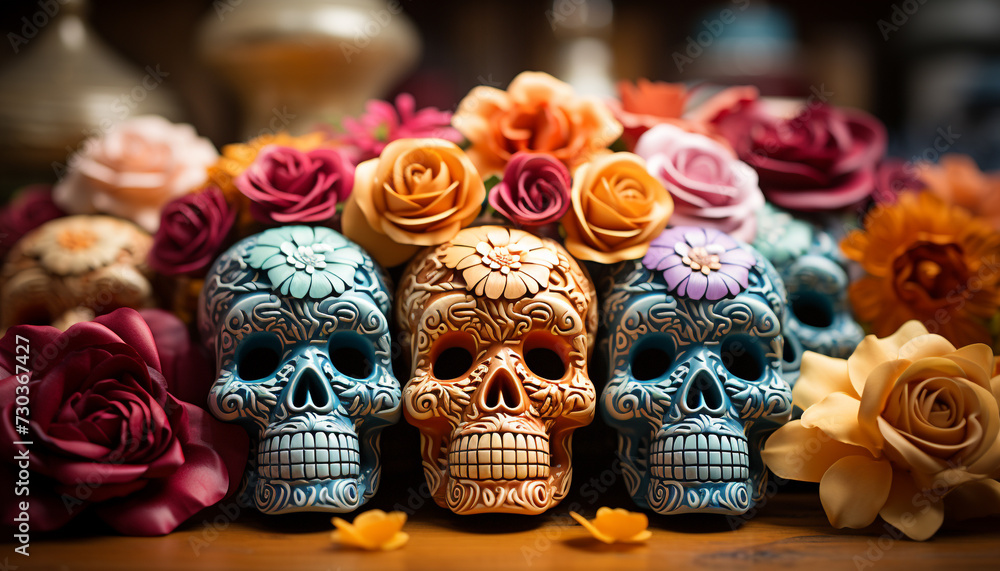 Fototapeta premium Day of the Dead celebration colorful skulls on wooden table generated by AI