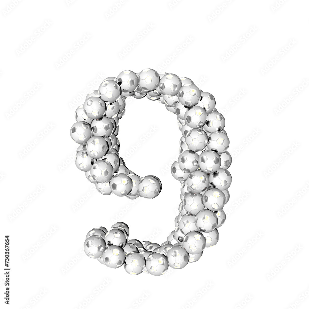 Symbol made from silver soccer balls. number 9 Symbol made from silver soccer balls. number 9