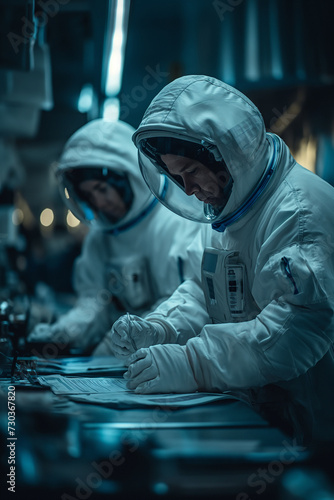 Astronaut working on a space station exploring engineering traveling to space on an airship