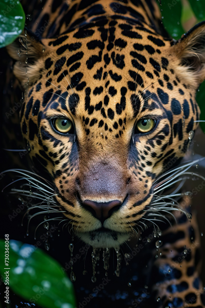 Obraz premium Beautiful Close-up shot of a jaguar drinking water in a jungle river surrounded by green leaves. World Wildlife Conservation concept.