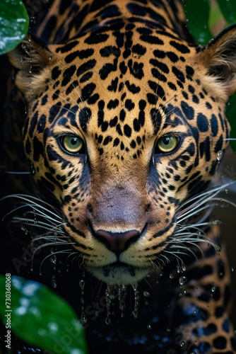 Beautiful Close-up shot of a jaguar drinking water in a jungle river surrounded by green leaves. World Wildlife Conservation concept.