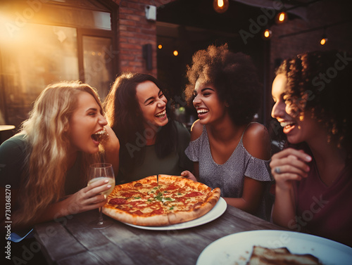 Group of friends have fun in pizzeria.