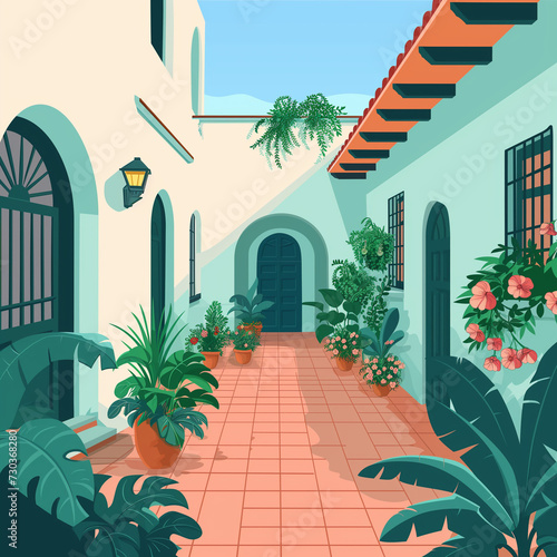 illustration of a patio with plants in flat vector design