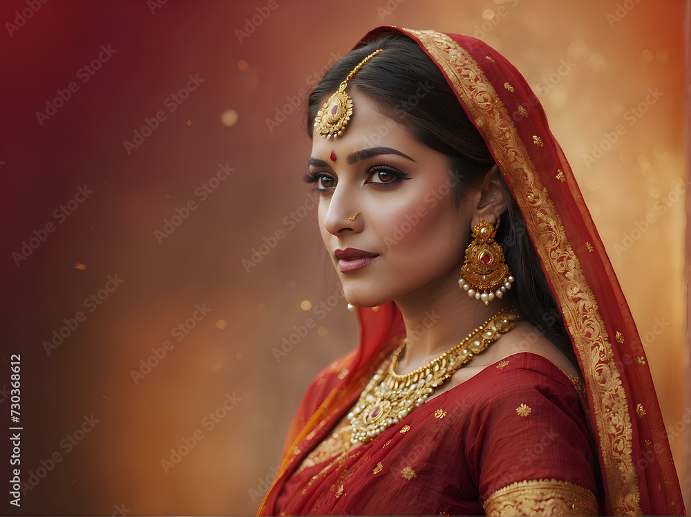 Portrait of a woman in a traditional Indian wedding dress against a background of bokeh lights. Ritual style.Indian New Year, wedding concept. Banner for design, greeting card with copy space for text