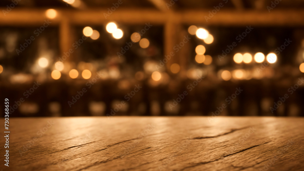 An empty wooden table with a blurry side, light in a restaurant or cafe. Abstract background with wooden boards and bokeh An empty wooden table with a blurry side, light in a restaurant or cafe. Abstract background with wooden boards and bokeh