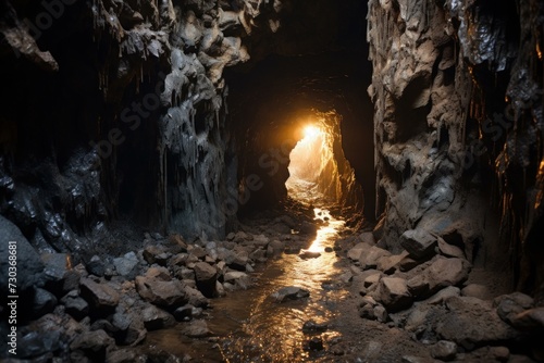 Historic Mine tunnel cave railway. Rock dark mineral. Generate Ai
