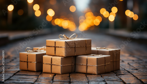 A stack of gift boxes wrapped in shiny wrapping paper generated by AI