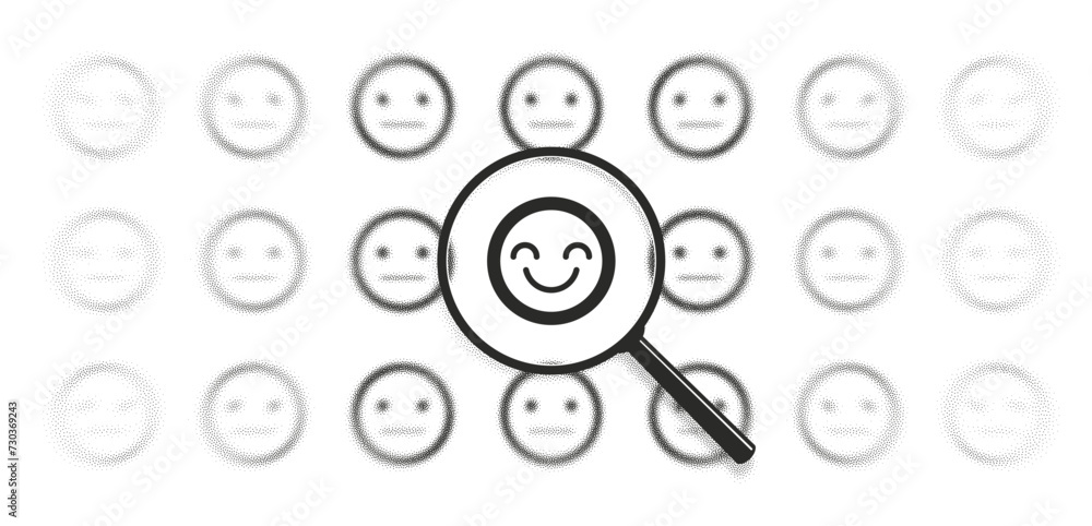 Happiness search, psychological emotion, bipolar control concept. Mental health care icon. Magnifying glass zoom. Focus lens, transparent blur, morphism effect. Grain, dot halftone, noise texture. Happiness search, psychological emotion, bipolar control concept. Mental health care icon. Magnifying glass zoom. Focus lens, transparent blur, morphism effect. Grain, dot halftone, noise texture.