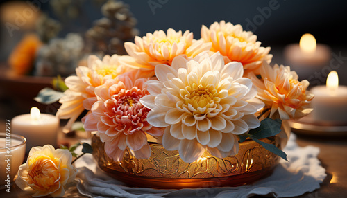 Aromatherapy candle burning, flower arrangement brings relaxation and elegance generated by AI