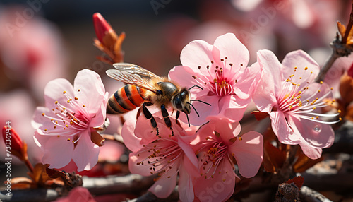Busy bee pollinating a pink blossom in a sunny orchard generated by AI