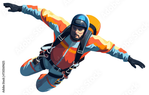Illustration of a skydiver in mid-free fall, wearing colorful skydiving gear.