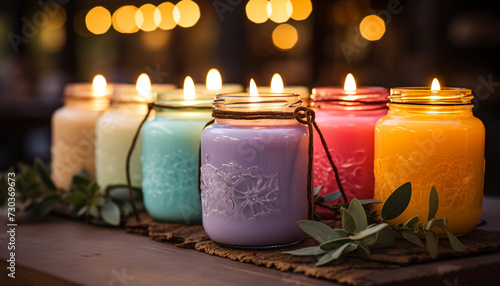 A glowing flame illuminates the dark, natural candle decoration generated by AI