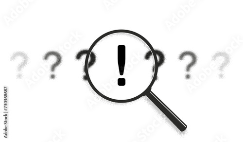 Search answer idea, problem solution concept. Exclamation point between question marks icon pattern. Magnifying glass zoom. Focus lens, transparent blur, morphism effect. Dot halftone, noise texture