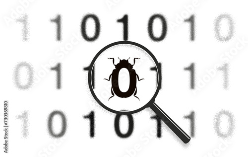Binary code scan. One bug disguised as zero. Virus identify, web protection concept. Malware icon pattern. Magnifying glass zoom. Focus lens, transparent blur, morphism effect. Halftone, noise texture