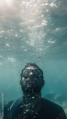 Submerged Struggle: A Man Underwater, Struggling Against Suffocation, Capturing the Tension and Desperation of a Fight for Breath in the Depths