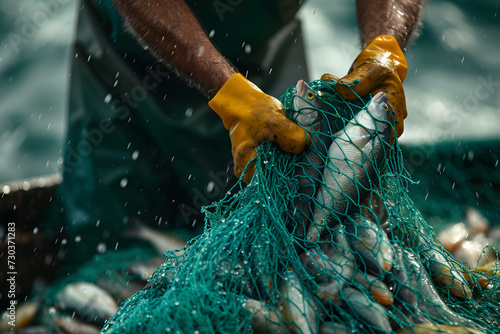 Fisherman picking up a green fishing net full of fishes