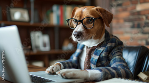 a dog dressed in business attire, sitting behind a desk with a laptop © saulo_arts