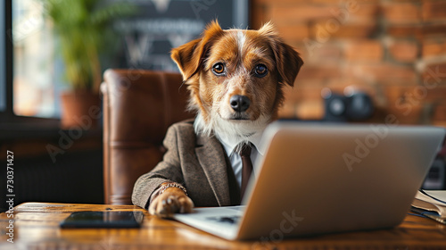 a dog dressed in business attire, sitting behind a desk with a laptop © saulo_arts