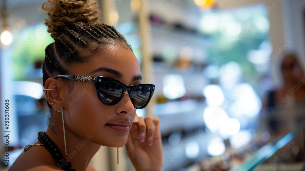 a chic photo of a woman trying on sunglasses and accessories at an upscale boutique a chic photo of a woman trying on sunglasses and accessories at an upscale boutique