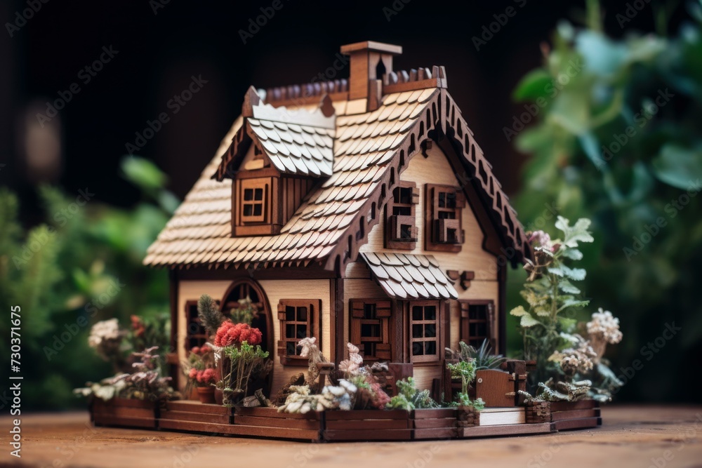 Tiny Miniature wooden house. Home warm nature concept small. Generate Ai